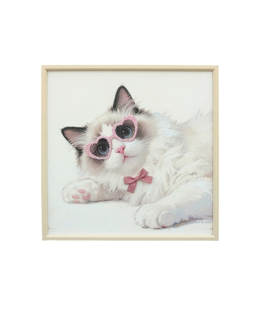 Cuadro de Gato con Gafas de Madera 60x60 cm | Nova Decoración