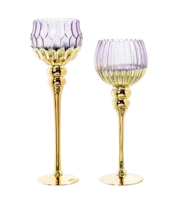 Set 2 Portavelas Copa Cristal Morado y Dorado | Decoración