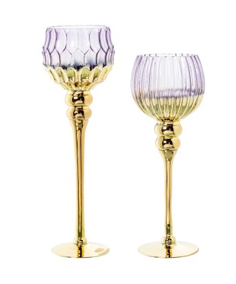 Set 2 Portavelas Copa Cristal Morado y Dorado | Decoración
