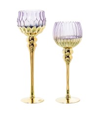Set 2 Portavelas Copa Cristal Morado y Dorado | Decoración