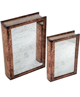 Set 2 Cajas Libro Madera DM y Espejo | Organizador Vintage