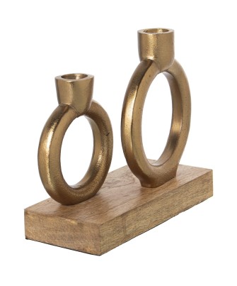 Portavelas Doble Metal Dorado y Madera 20cm | Diseño Moderno