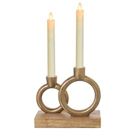 Portavelas Doble Metal Dorado y Madera 20cm | Diseño Moderno