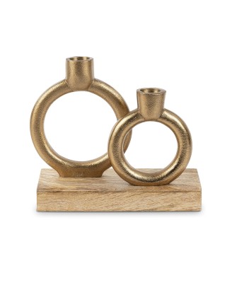 Portavelas Doble Metal Dorado y Madera 20cm | Diseño Moderno