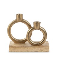 Portavelas Doble Metal Dorado y Madera 20cm | Diseño Moderno