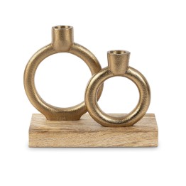 Portavelas Doble Metal Dorado y Madera 20cm | Diseño Moderno