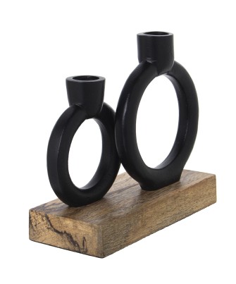 Portavelas Doble Metal Negro y Madera 20cm | Diseño Moderno