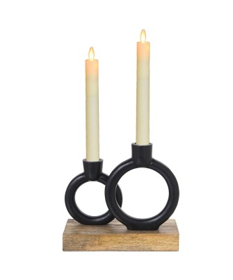Portavelas Doble Metal Negro y Madera 20cm | Diseño Moderno