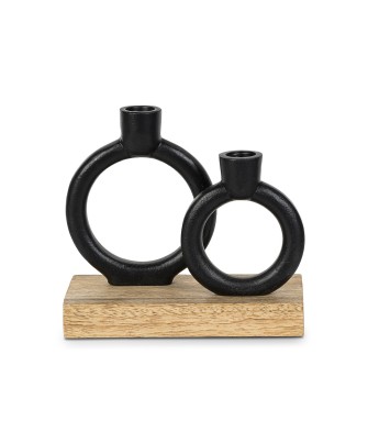 Portavelas Doble Metal Negro y Madera 20cm | Diseño Moderno