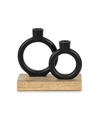 Portavelas Doble Metal Negro y Madera 20cm | Diseño Moderno