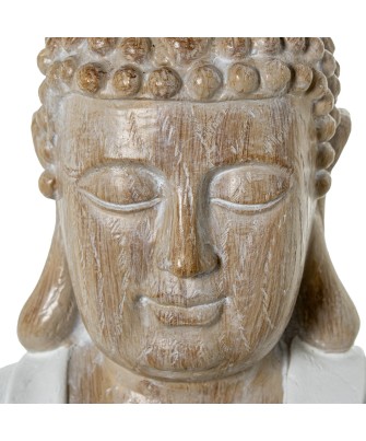 Figura Buda Meditando Resina Blanco y Madera 34cm | Estilo Zen