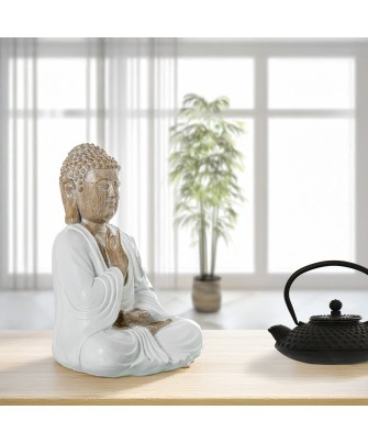 Figura Buda Meditando Resina Blanco y Madera 34cm | Estilo Zen