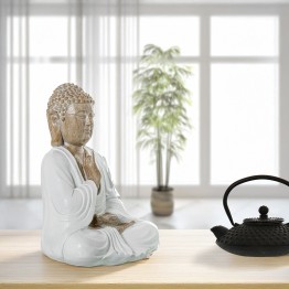 Figura Buda Meditando Resina Blanco y Madera 34cm | Estilo Zen