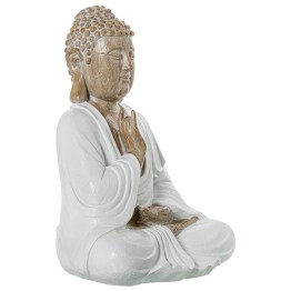 Figura Buda Meditando Resina Blanco y Madera 34cm | Estilo Zen