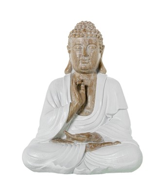 Figura Buda Meditando Resina Blanco y Madera 34cm | Estilo Zen