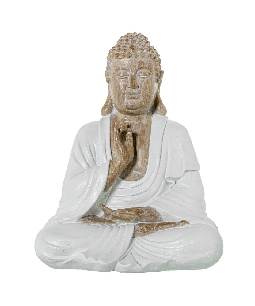 Figura Buda Meditando Resina Blanco y Madera 34cm | Estilo Zen
