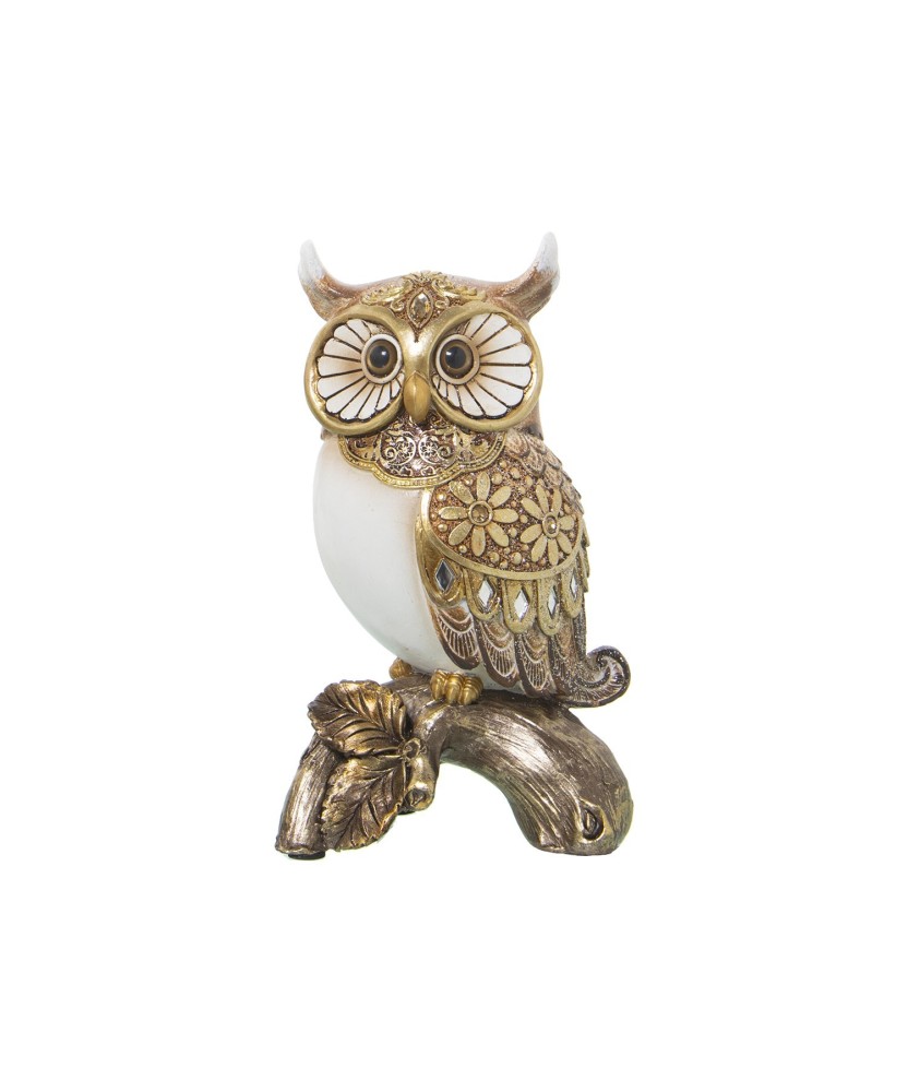 Figura Búho Dorado y Blanco en Tronco 17cm | Decoración