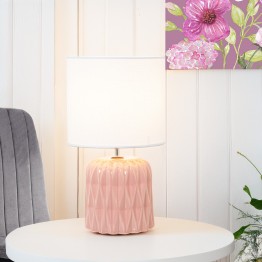 Lámpara Sobremesa Cerámica Rosa y Pantalla Blanca Ø17x30cm