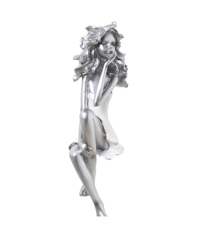 Figura de Resina Niña Sentada Plateada 37cm | Nova Decoración