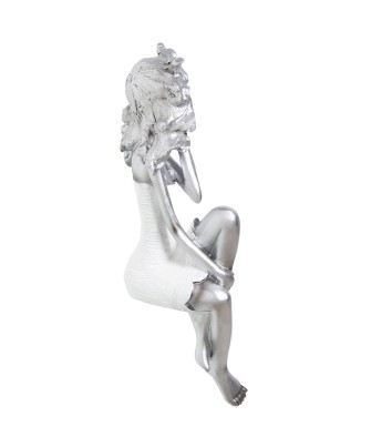 Figura de Resina Niña Sentada Plateada 37cm | Nova Decoración