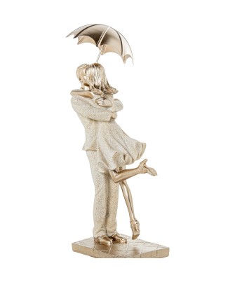 Figura Pareja Con Paraguas Romántica Beige y Dorado | 25cm
