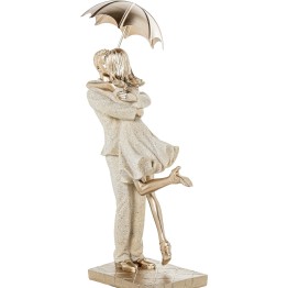 Figura Pareja Con Paraguas Romántica Beige y Dorado | 25cm