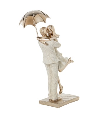 Figura Pareja Con Paraguas Romántica Beige y Dorado | 25cm