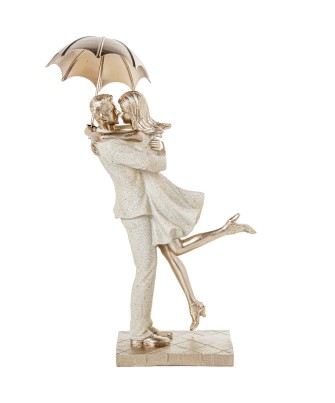 Figura Pareja Con Paraguas Romántica Beige y Dorado | 25cm