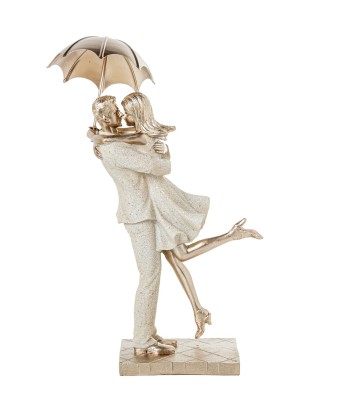 Figura Pareja Con Paraguas Romántica Beige y Dorado | 25cm