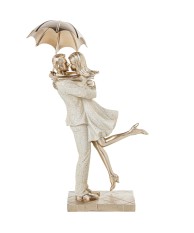 Figura Pareja Con Paraguas Romántica Beige y Dorado | 25cm