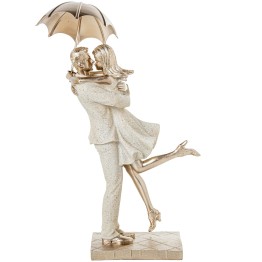 Figura Pareja Con Paraguas Romántica Beige y Dorado | 25cm