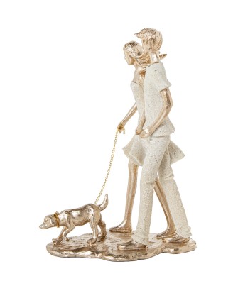Figura de Resina Familia con Perro Beige y Oro 26,5cm