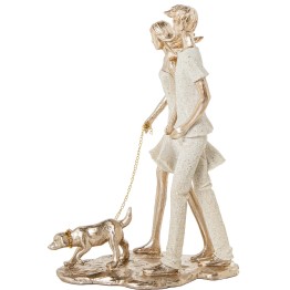Figura de Resina Familia con Perro Beige y Oro 26,5cm