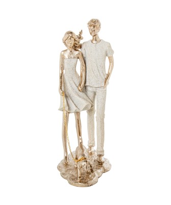 Figura de Resina Familia con Perro Beige y Oro 26,5cm