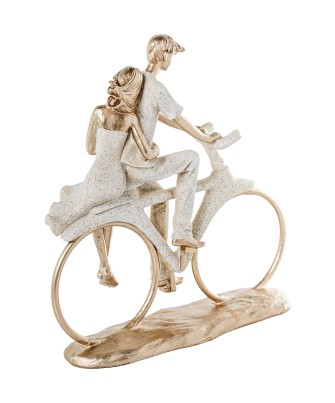 Figura de Resina Pareja en Bicicleta Beige y Oro 25cm
