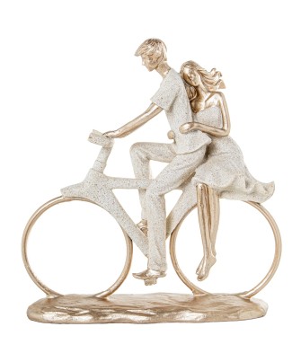 Figura de Resina Pareja en Bicicleta Beige y Oro 25cm